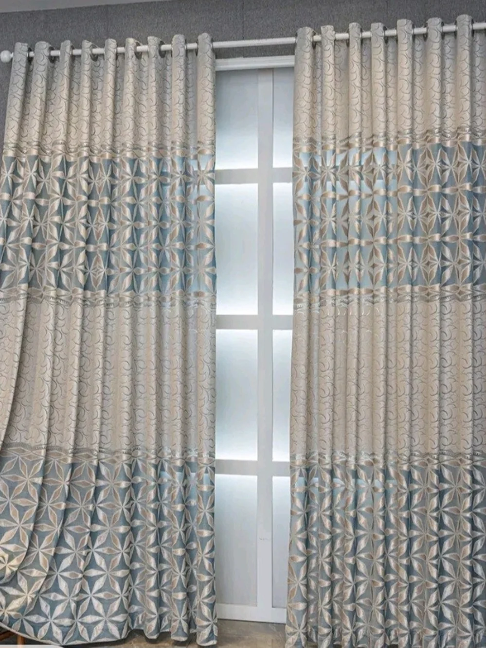 Elegant Blue and Cream Geometric Window Curtains